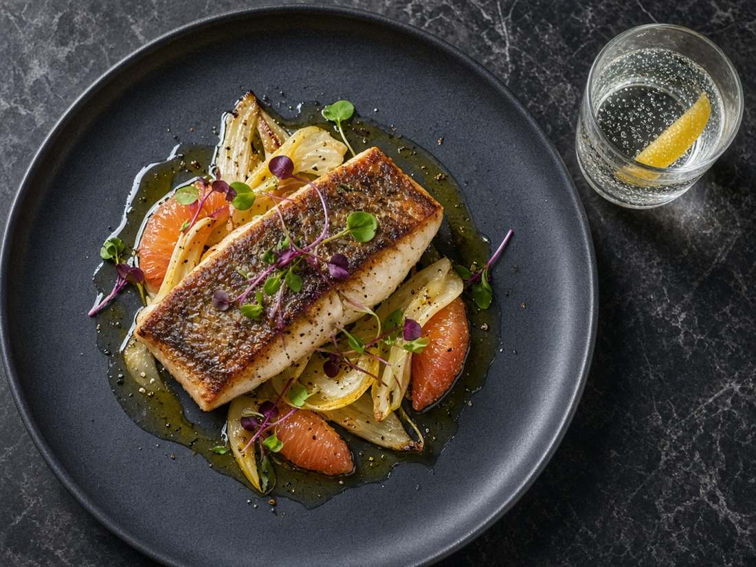 Poisson rôti, fenouil, agrumes et verre d'eau citronnée