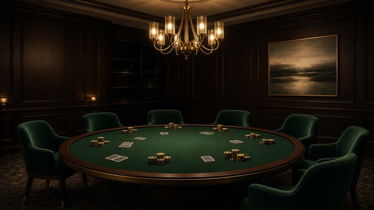 Casino privé avec table ronde de tapis vert, cartes et jetons sous un lustre de laiton