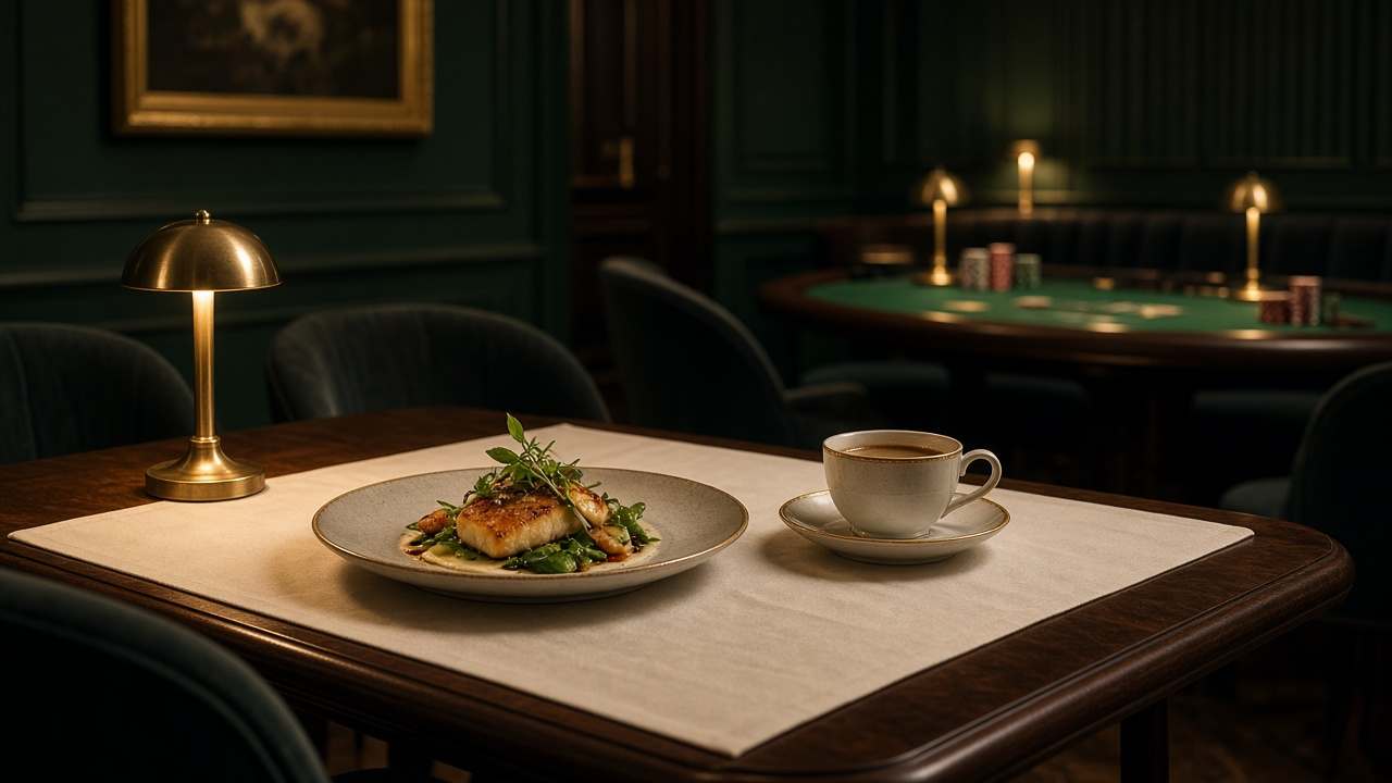 Table du soir chez Cafe Gentlemann, assiette dressée et casino en arrière-plan