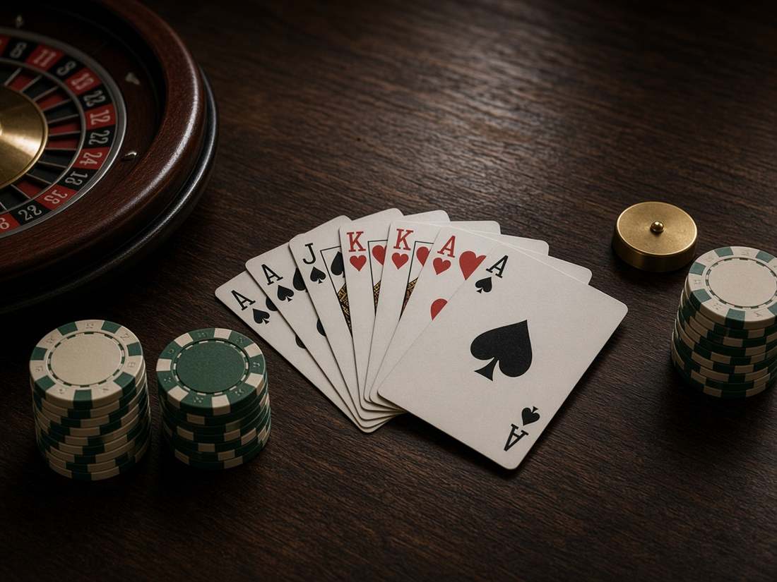 Cartes, jetons verts et roulette sur une table de bois sombre
